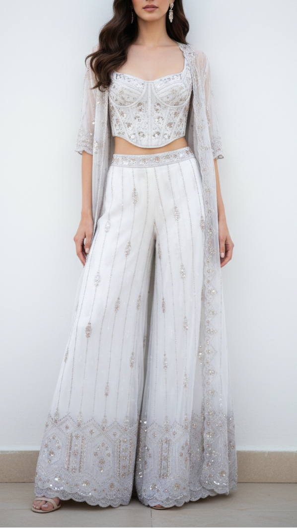 White Dyeable Georgette Fabric With All Over Katdana, Sequins, Zari And One Side Net Cutwork Border 19002