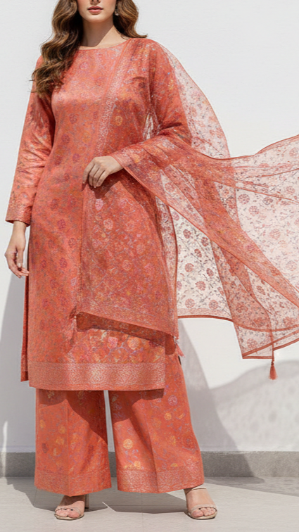 Dark Peach Banarasi Brocade Fabric With All Over Thread And Zari Handloom 21252