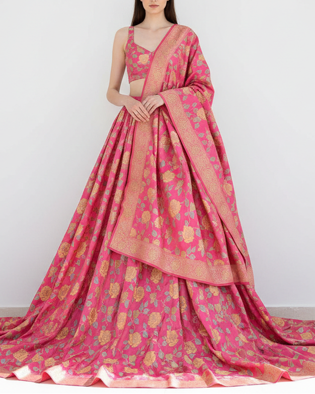 Barbie Pink Banarasi Brocade Fabric With All Over Thread And Zari Handloom 21476