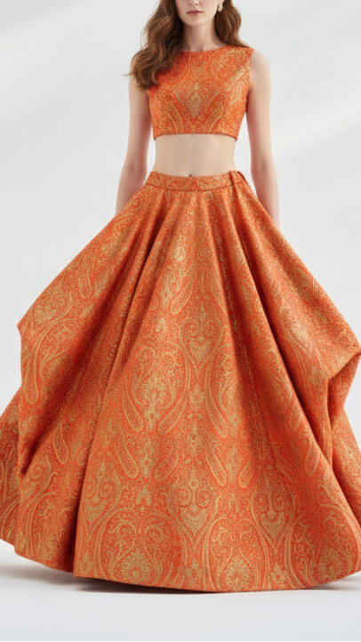 Orange Banarasi Brocade Fabric With All Over Golden Zari Handloom 21842