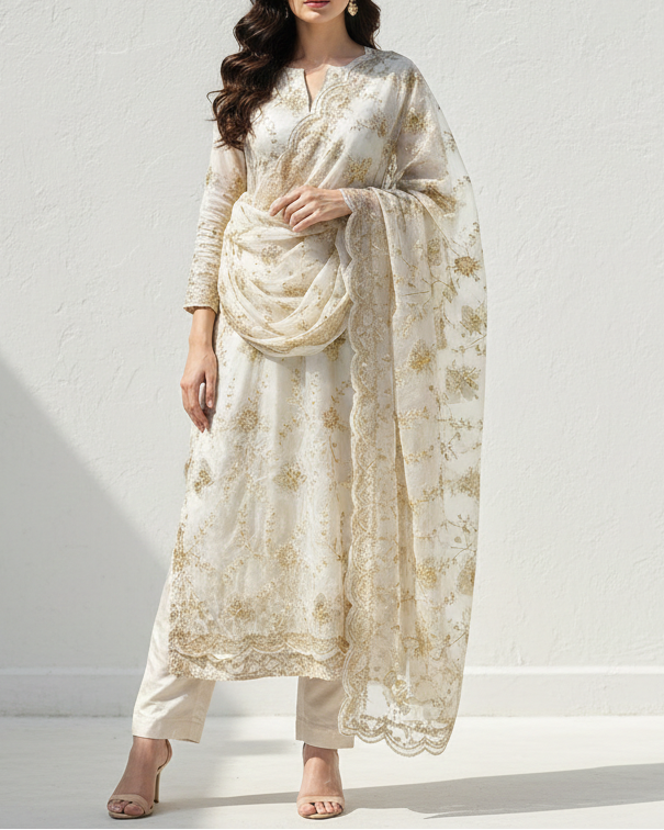 White Dyeable Crepe Fabric With All Over Sequins, Beads, Zari And Katdana Work 21570