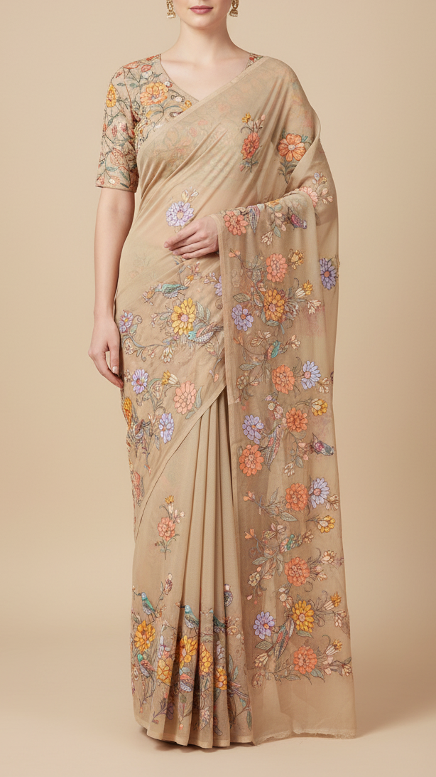 Beige Georgette Fabric with All Over Traditional Print and Katdana, Bead and Sequins Work 19678