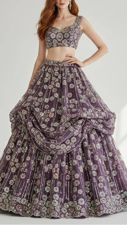 Purple Imported Net Fabric with Sequins, Beads & Katdana 12368