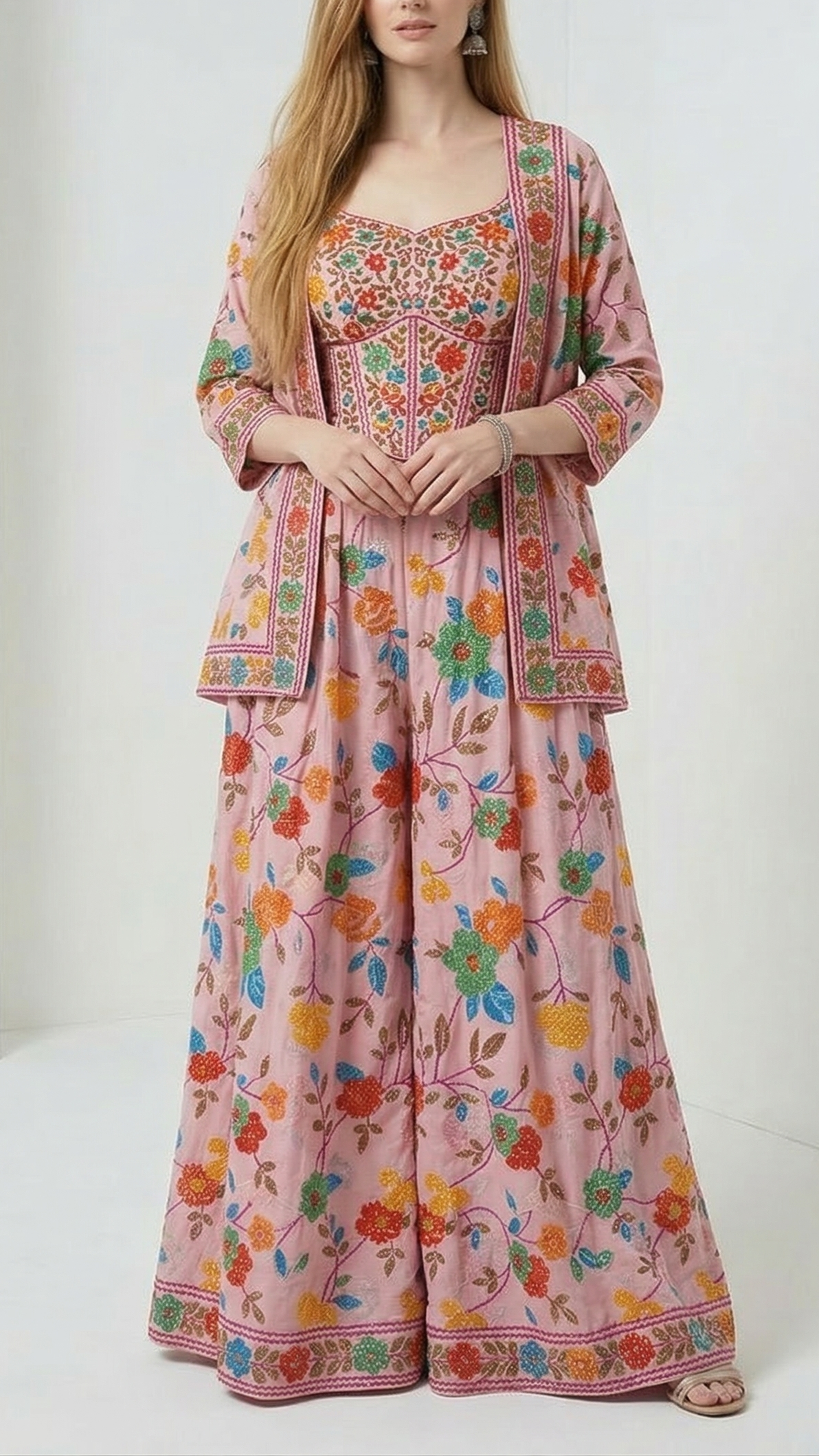 Pink Muslin Fabric With All Over Sequins And Thread Work 22485