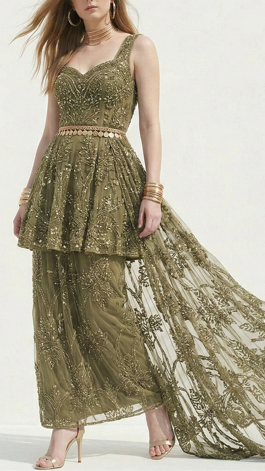 Mehandi Imported Net Fabric with Allover Cutwork, Sequins, Beads, Pearls & Thread 12338