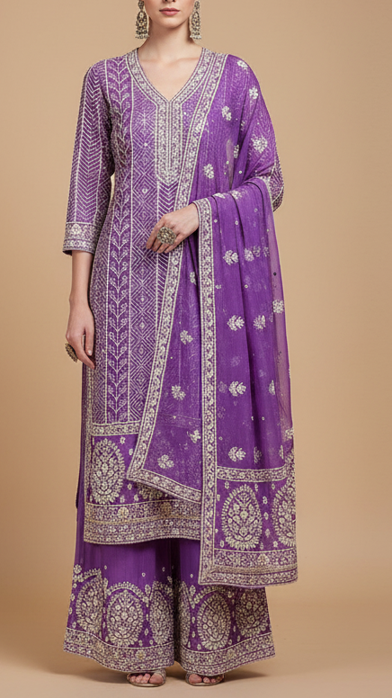 Lavender Georgette Fabric With All Over Thread, Sequins And Bead Work With One Side Border 19171