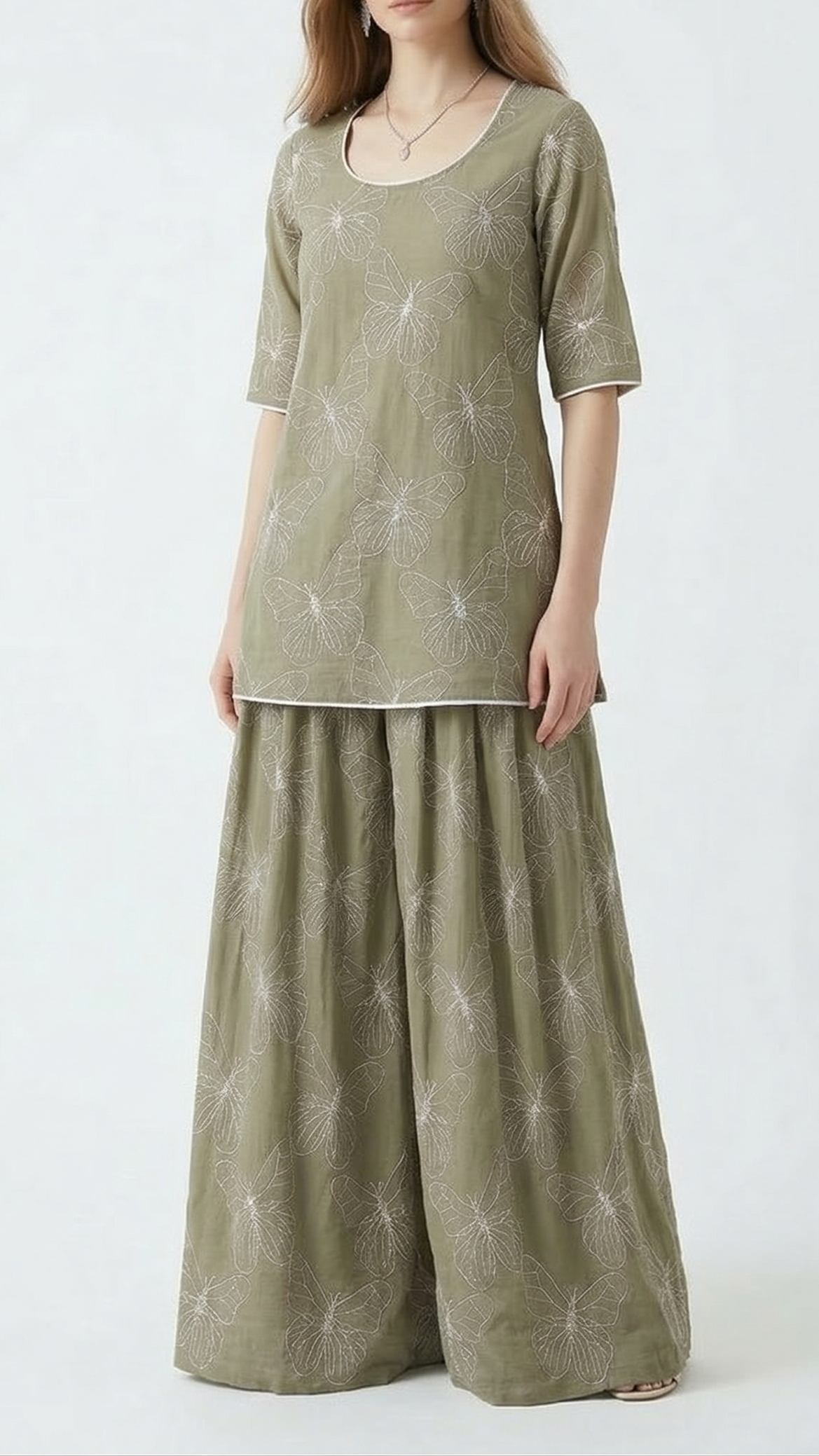 Sage Green Cotton Fabric With All Over Butterfly Motif Of Dori And Thread Work 22477