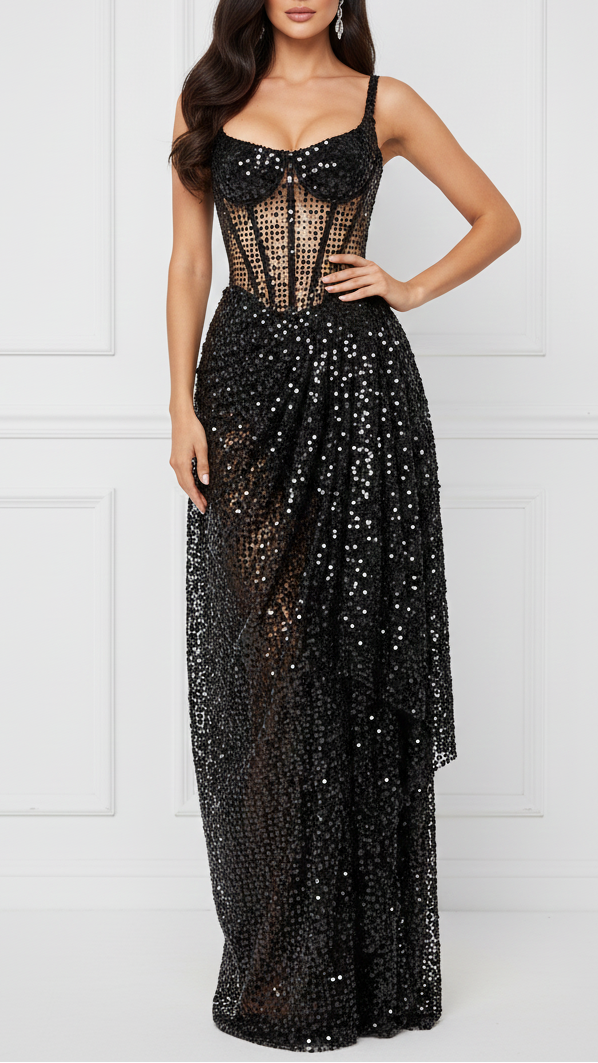 Black Imported Laser Cutwork Net Fabric With All Over Zari And Faux Mirror Work 21119
