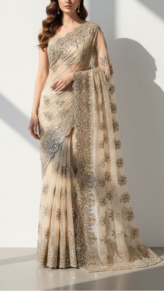 Grey Imported Net Fabric With All Over Sequins And Bead Work With One Side Scalloped Border 22039