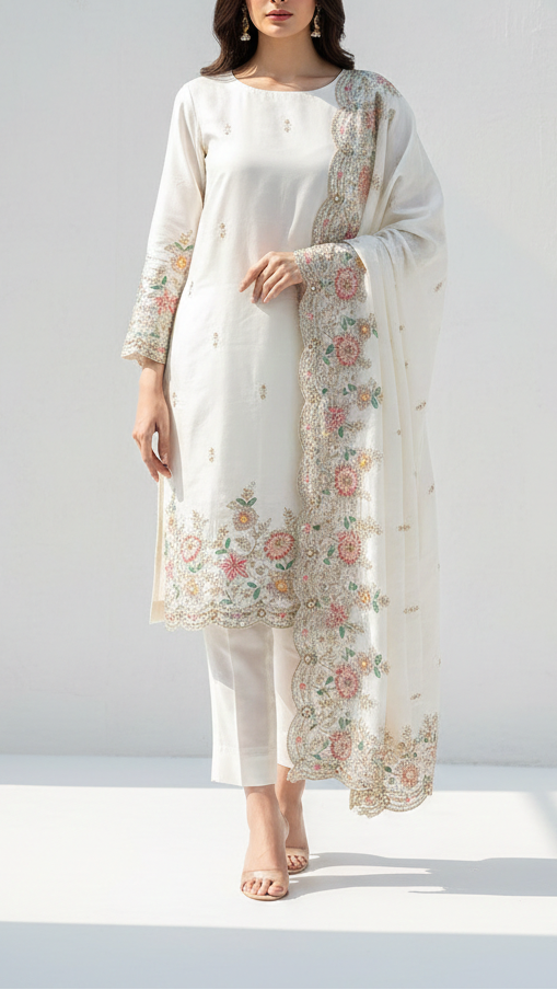 White Dyeable Crepe Fabric With All Over Buti Of Katdana, Bead And Sequins Work With One Side Scalloped Border 21719