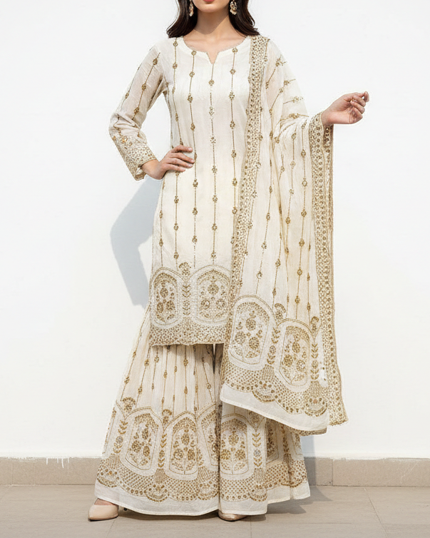 White Dyeable Georgette Fabric With All Over Stripes of Zari, Sequins, And Katdana Work With One Side Scalloped Border 21574