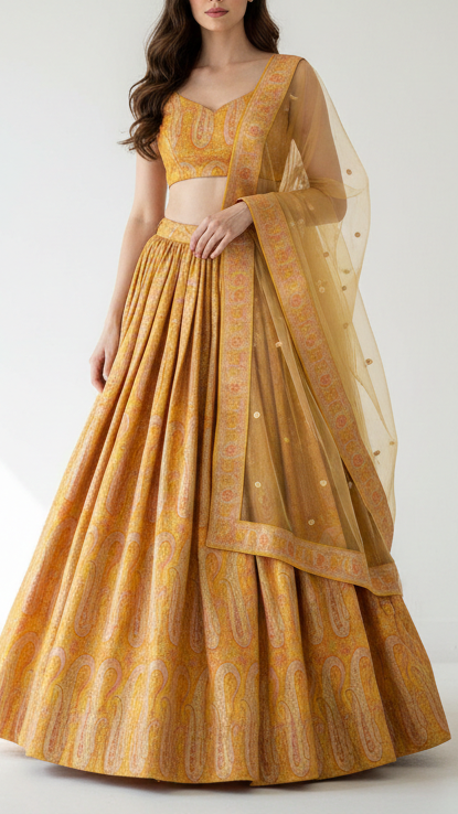 Mustard Banarasi Brocade Fabric With All Over Thread And Golden Zari Handloom 21416
