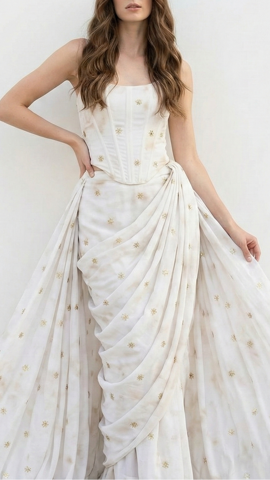 White Dyeable Crepe Fabric With Allover Buti Of Sequins And Zari Work 21081