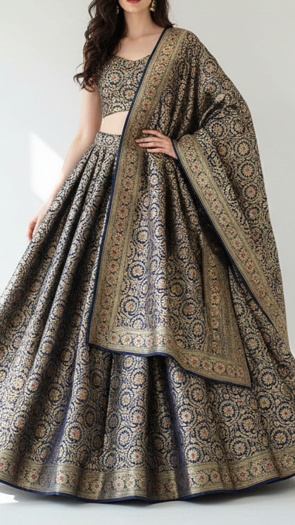 Navy Blue Banarasi Brocade Fabric With All Over Thread And Zari Handloom 20944