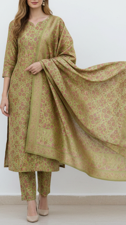 Pista Green Banarasi Brocade Fabric With All Over Thread And Zari Handloom 20798