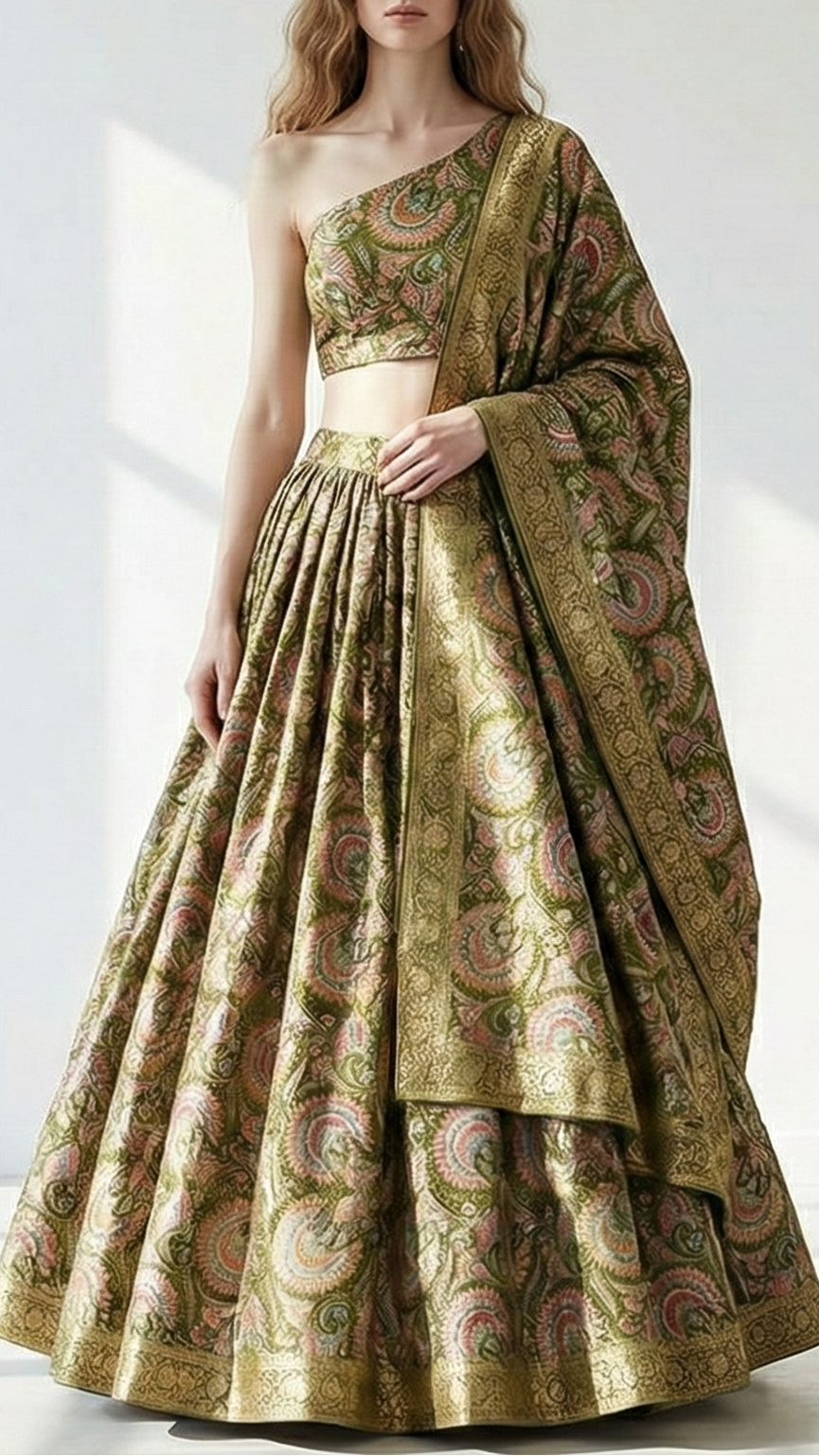 Mehendi Green Silk Fabric With Traditional Print With Golden Zari Work 20311