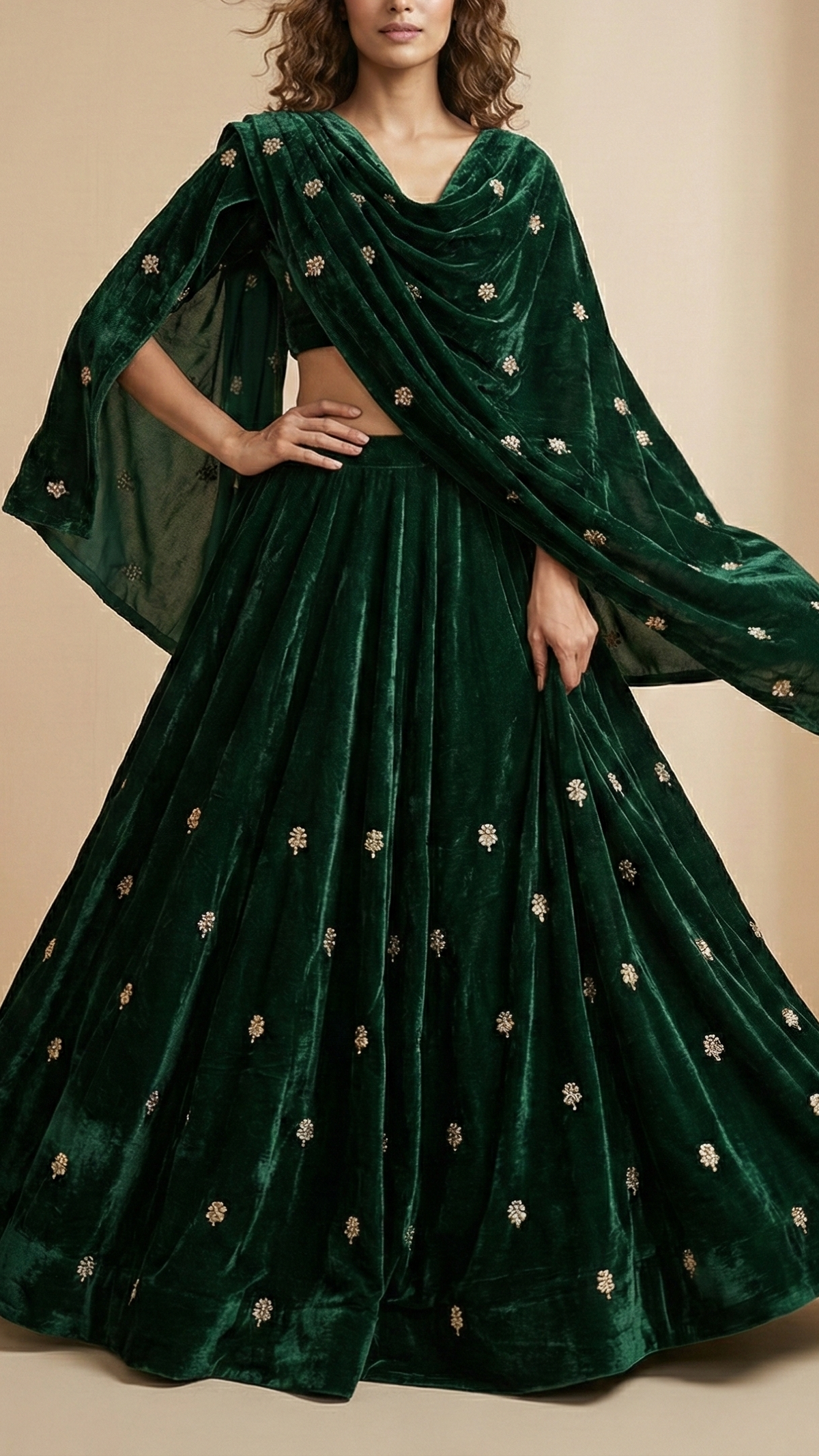 Bottle Green Velvet Fabric With All Over Buti Of Katdana, Sequins And Zari 20601
