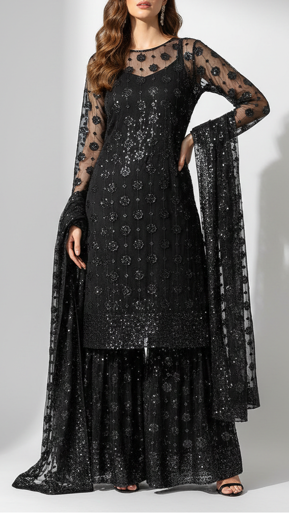 Black Imported Net Fabric With All Over Katdana, Bead And Sequins Work With One Side Scalloped Border 22054