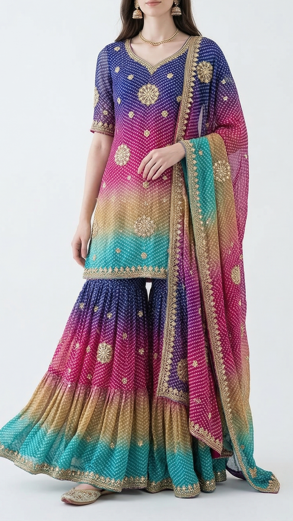 Multi-Color Chinon Chiffon Fabric With All Over Bandhani Print, Bead, Sequins And Katdana Work 22420
