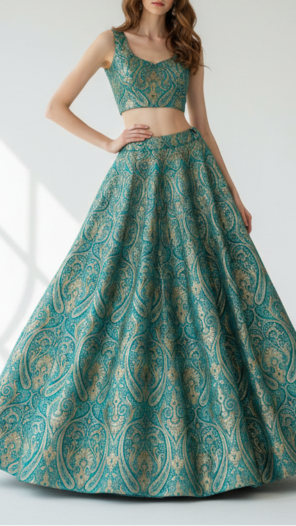 Teal Green Banarasi Brocade Fabric With All Over Golden Zari Handloom 21851