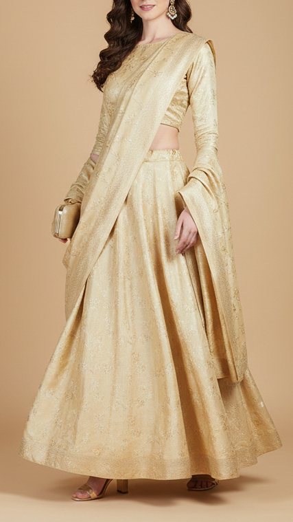 Light Golden Tissue Fabric With All Over Self Work 20349