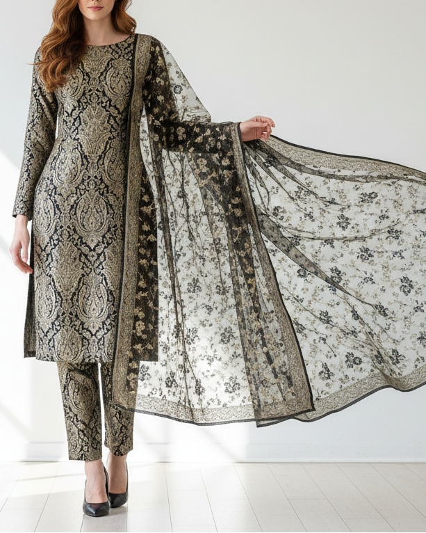 Black Banarasi Brocade Fabric With All Over Golden Zari Handloom 21285