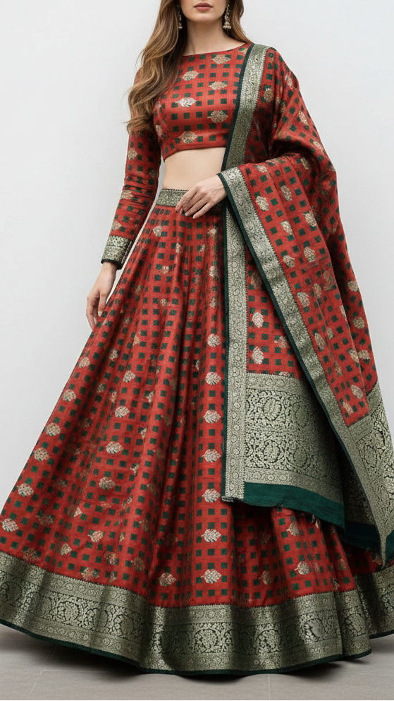 Deep Red Banarasi Brocade Fabric With All Over Thread And Zari Handloom 21355