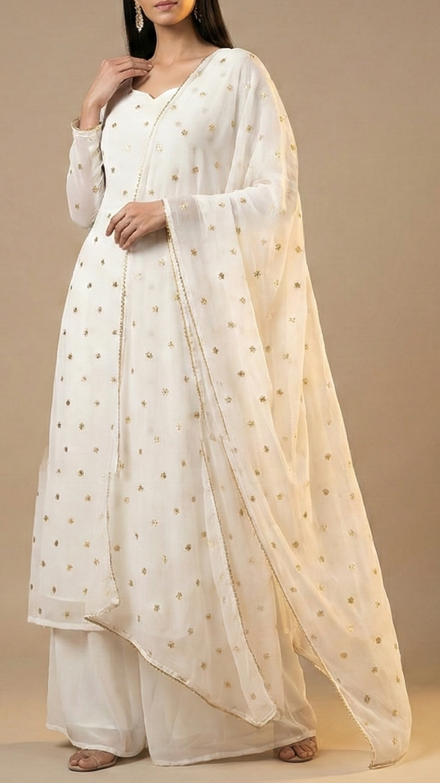 The Noor - White Organza Fabric with Golden Buti of Sequins 12297