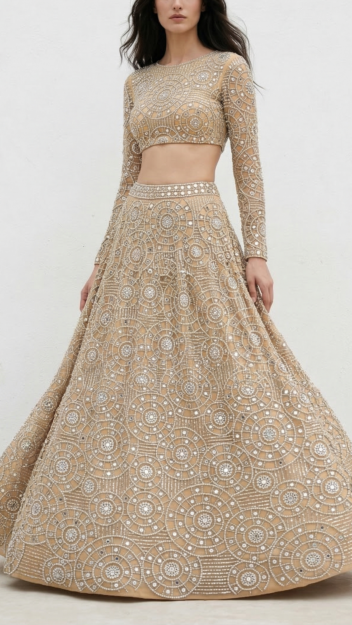Golden Imported Net Fabric With All Over Zari, Bead, Faux Mirror, Katdana And Cutwork 21999