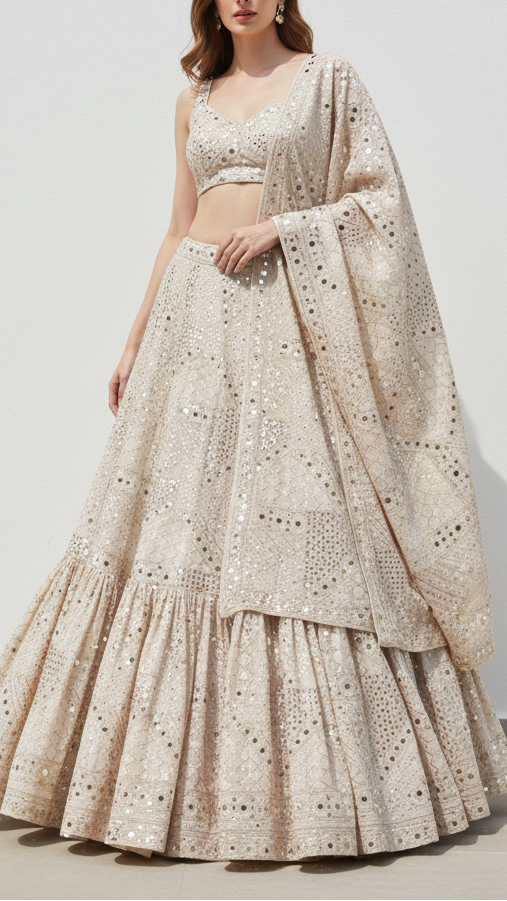 White Dyeable Georgette Fabric With All Over Zari, Faux Mirror And Sequins Work 21482