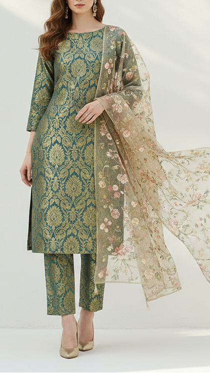 Rama Green Banarasi Brocade Fabric With All Over Golden Zari Handloom 21754