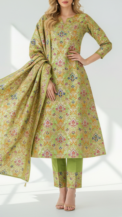 Pista Green Pure Banarasi Brocade Fabric With All Over Thread And Zari Handloom 21539
