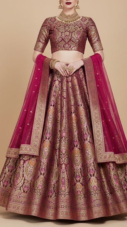 Wine Pure Banarasi Brocade Fabric with Allover Golden Zari Handloom 19919
