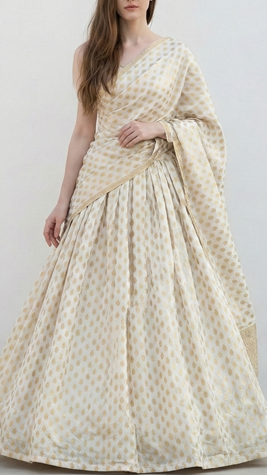 White Silk Fabric With All Over Golden Zari Handloom 20404