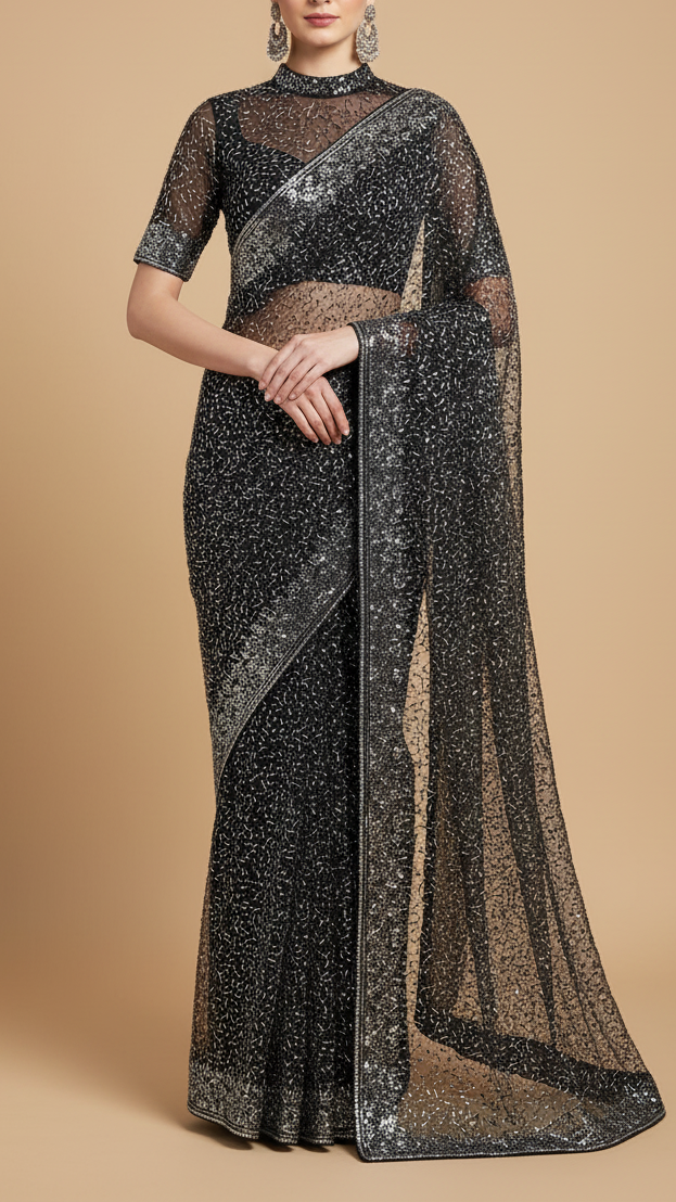 The Noor - Black Net Fabric With Sequins And Faux Katdana Work | 19940