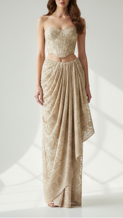 Golden Dyeable Tissue Fabric With All Over Zari And Katdana Work With One Side Border 21487