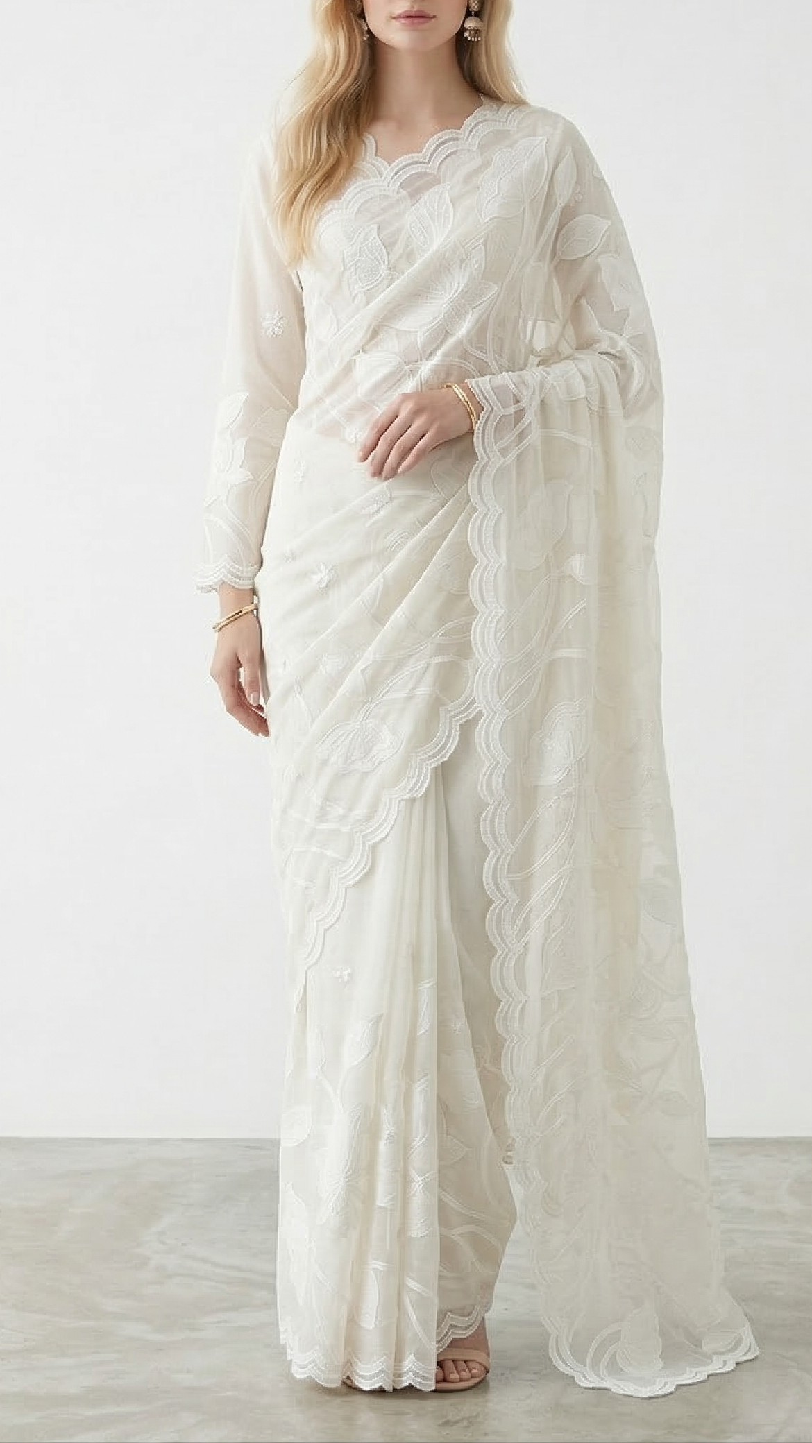 White Dyeable Kora Cotton Fabric With Allover Thread And Patch Work With One Side Scalloped Border 22156