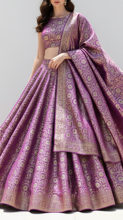 Purple Banarasi Brocade Fabric With All Over Thread And Zari Handloom 20942