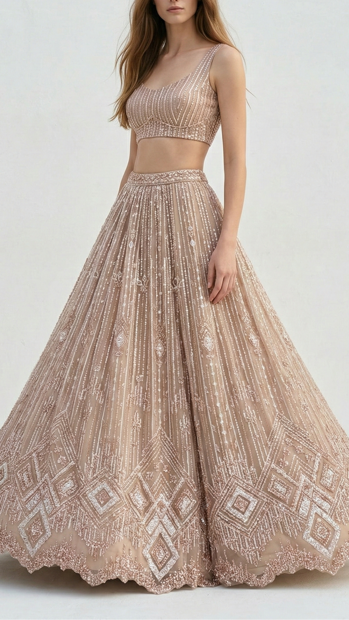 White Imported Net Fabric With All Over Sequins And Bead Work With One Side Border 16593