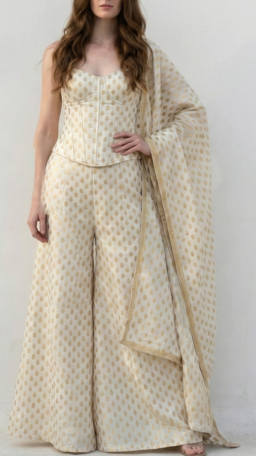 White Silk Fabric With All Over Golden Zari Handloom 20404