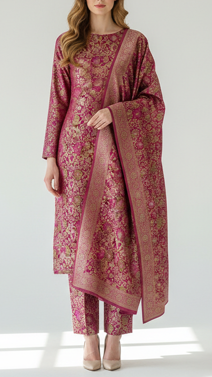 Wine Banarasi Brocade Fabric With All Over Thread And Zari Handloom 21262