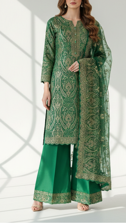 Green Banarasi Brocade Fabric With All Over Golden Zari Handloom 21847