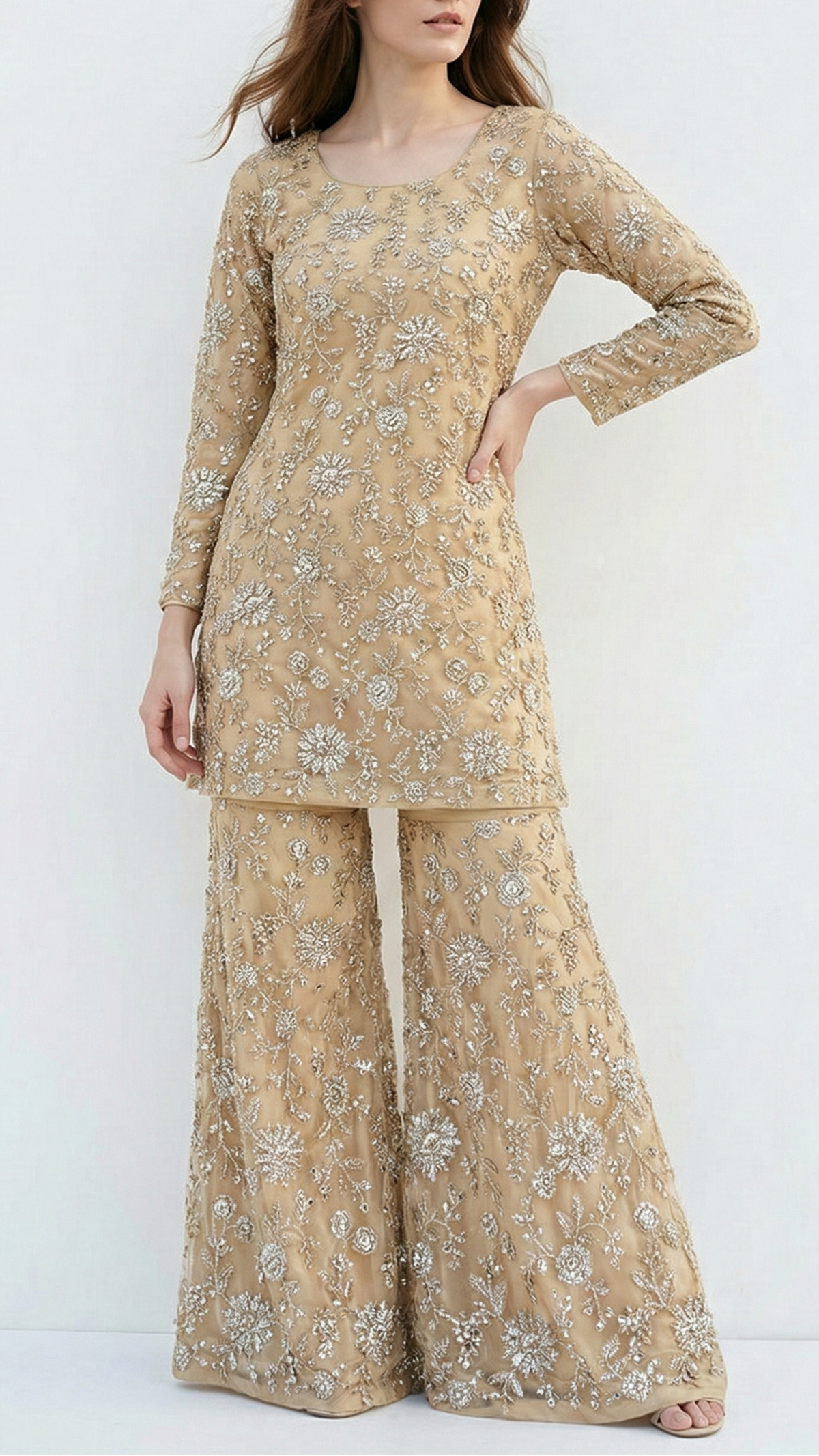 Golden Imported Net Fabric With All Over Zari, Katdana, Bead And Sequins Work 21370