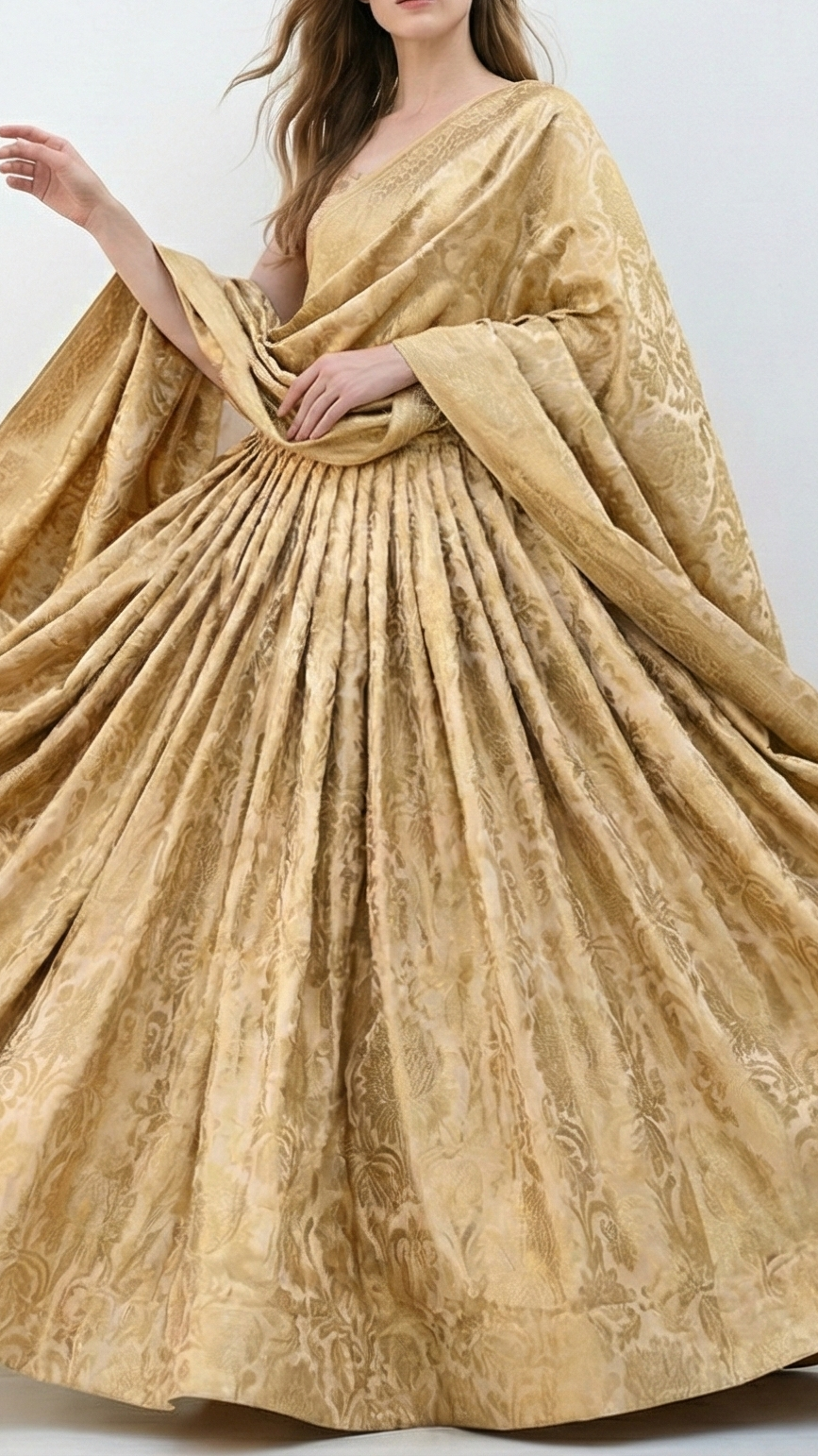 Golden Banarasi Brocade Fabric With All Over Golden Zari Handloom 21820