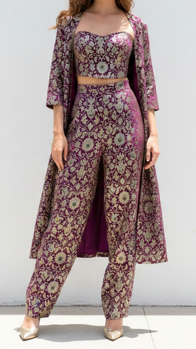 Purple Banarasi Brocade Fabric With All Over Thread And Golden Zari Handloom 20763