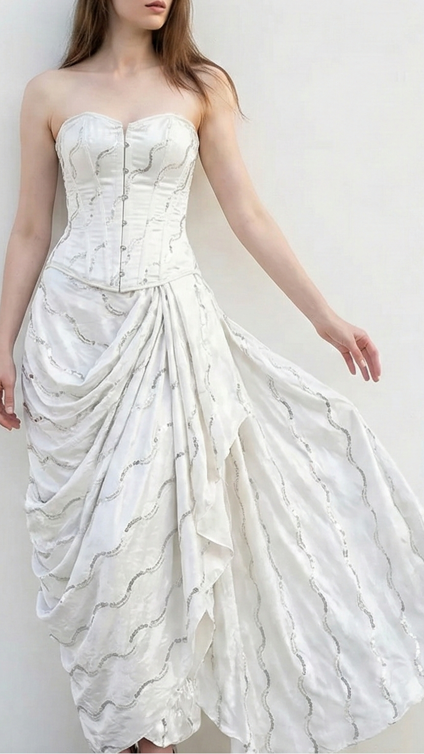 White Dyeable Crepe Fabric with Allover Strips of Silver Katdana, Sequins and Bead Work 21076