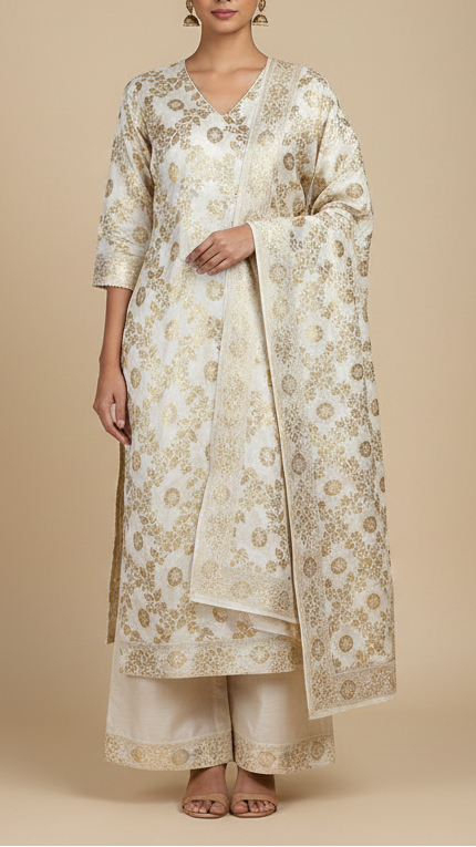 White Dyeable Silk Fabric With Allover Jaal Pattern Of Zari Handloom 20287