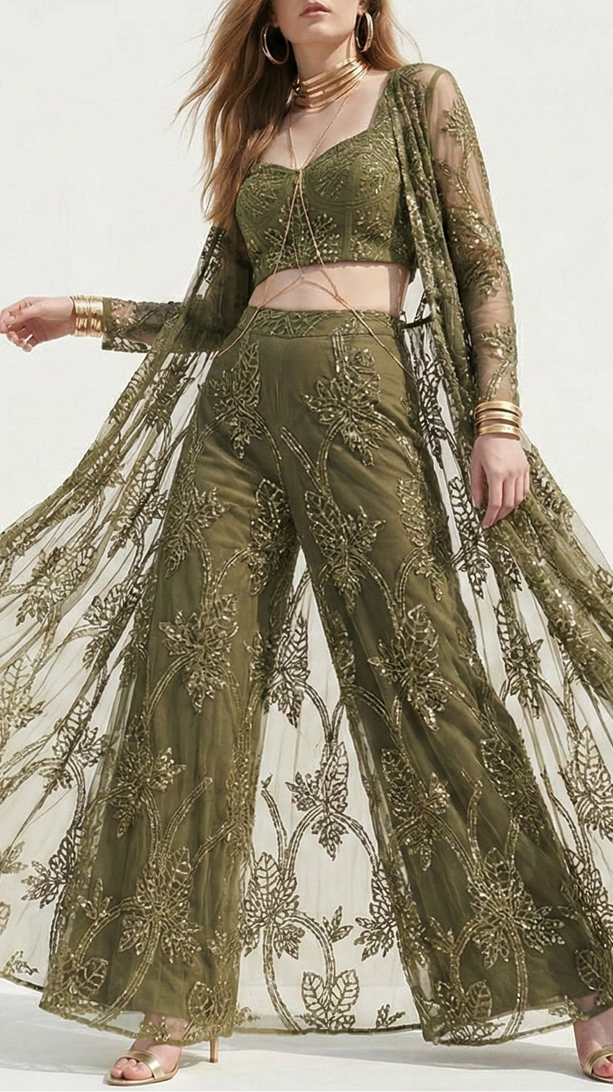 Mehandi Imported Net Fabric with Allover Cutwork, Sequins, Beads, Pearls & Thread 12338