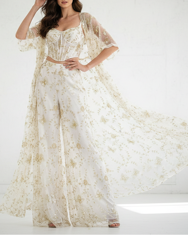 White Dyeable Crepe Fabric With All Over Sequins, Beads, Zari And Katdana Work 21570