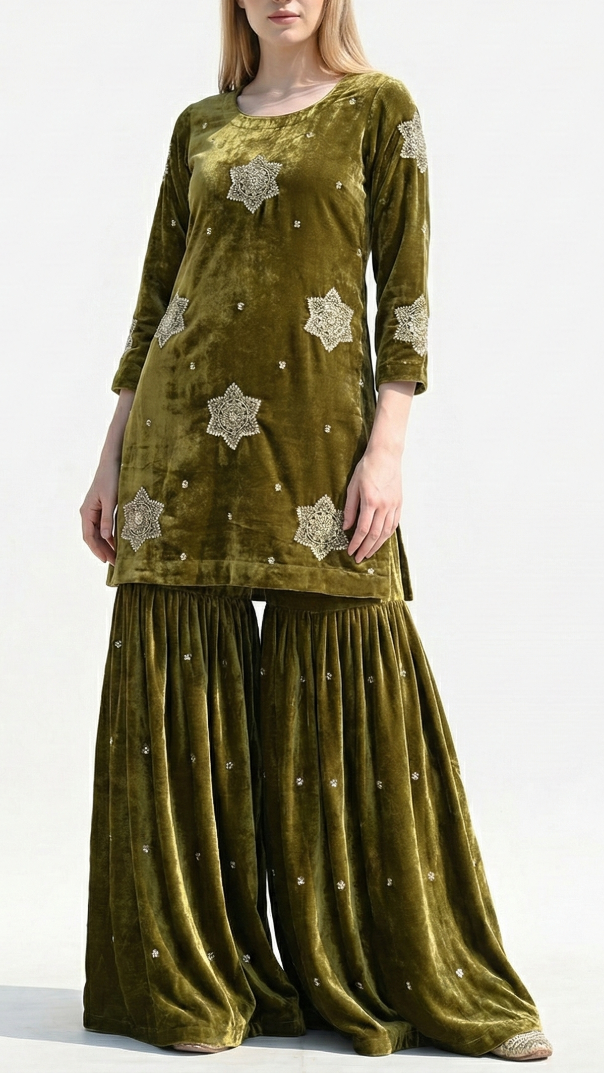 Mehendi Green Velvet Fabric With All Over Buti Of Sequins, Katdana and Bead 20985